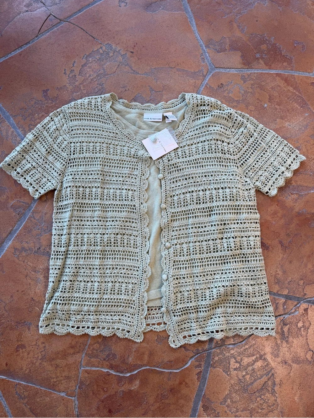 Croft & Barrow VTG NWT Sage Green Crochet Short Sleeve Cardigan W/ Sewn in Tee-L